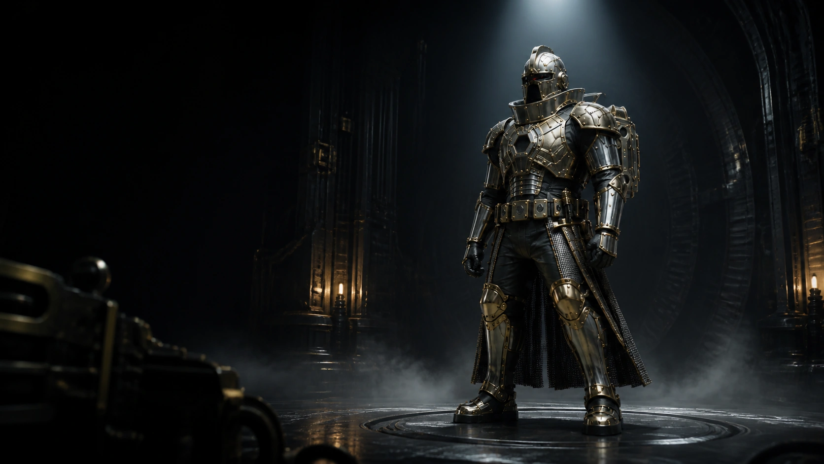 BX-77 Boxwrench: a heavy robot knight in burnished gunmetal plate with brass-trimmed pauldrons, a recessed visor slit, and a hexagonal chest core.